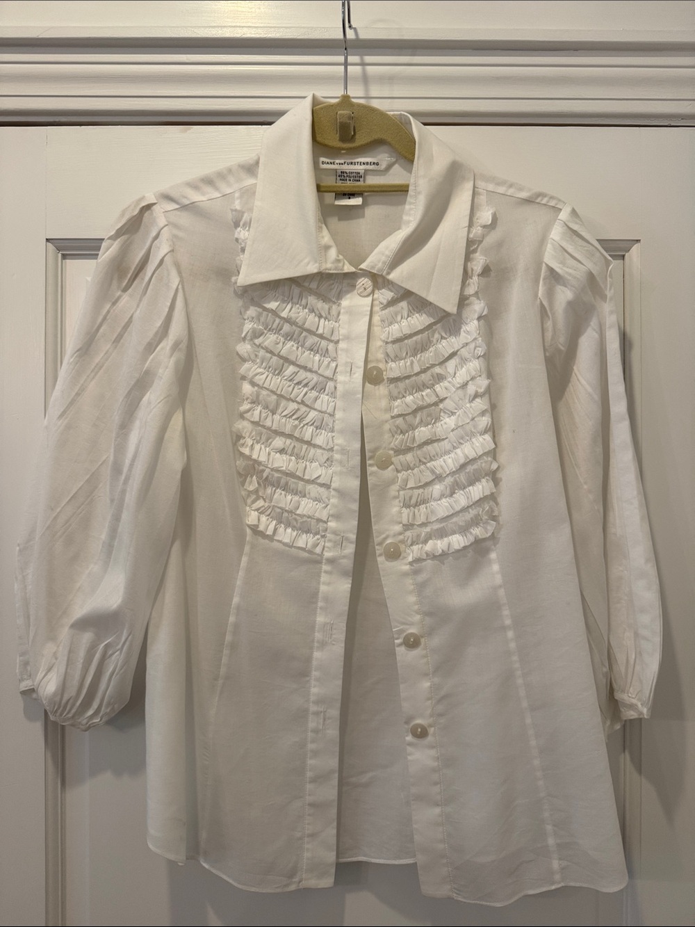 Diane von Furstenberg White Ruffled Front Button-Up Blouse